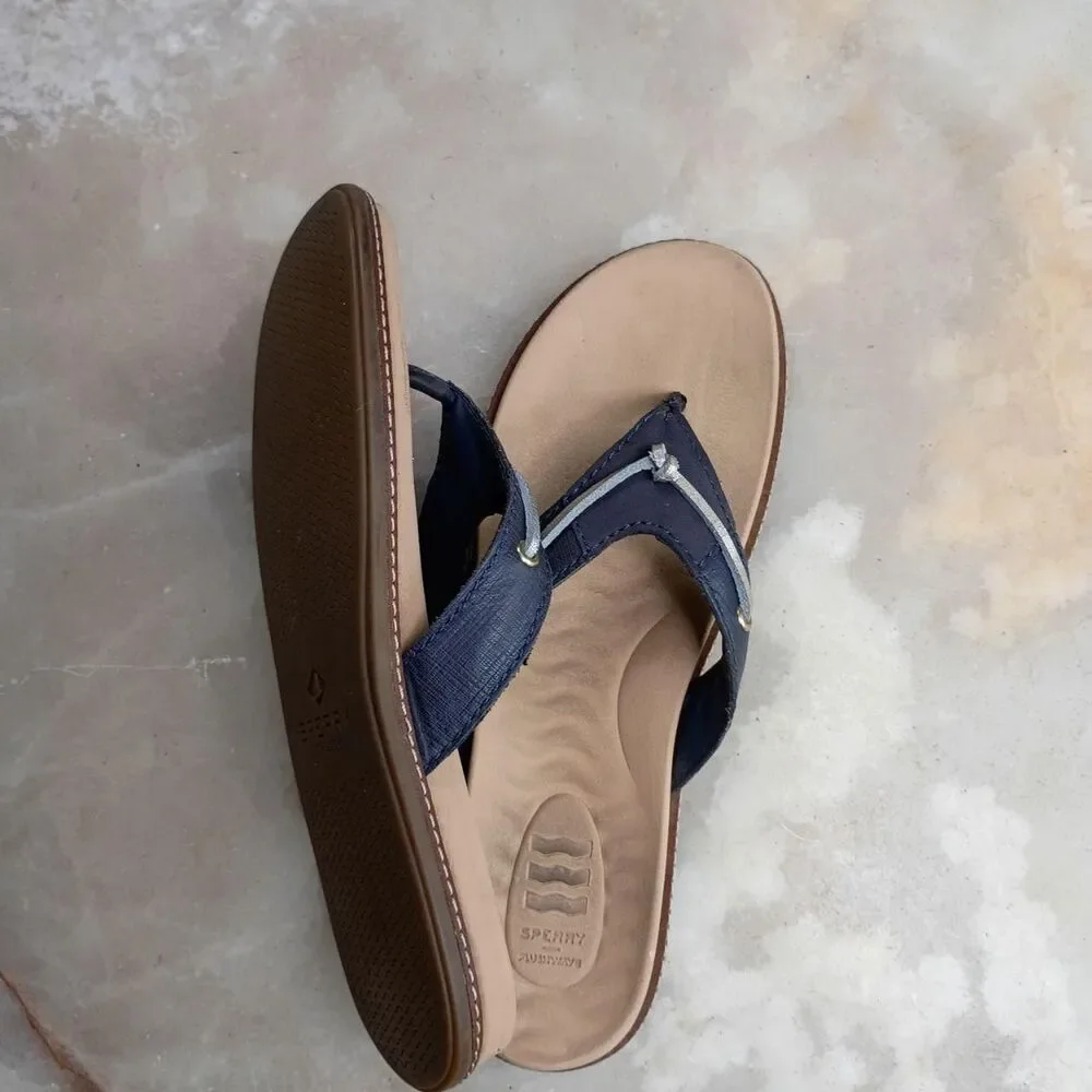 Sperry Women's Navy and Tan Flip Flops, Thong Sandals